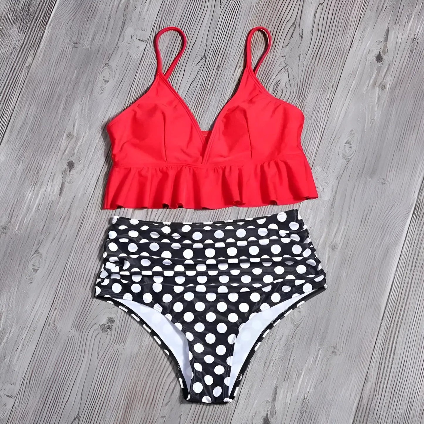 Red Two-Piece Swimsuit with Ruffle Detail