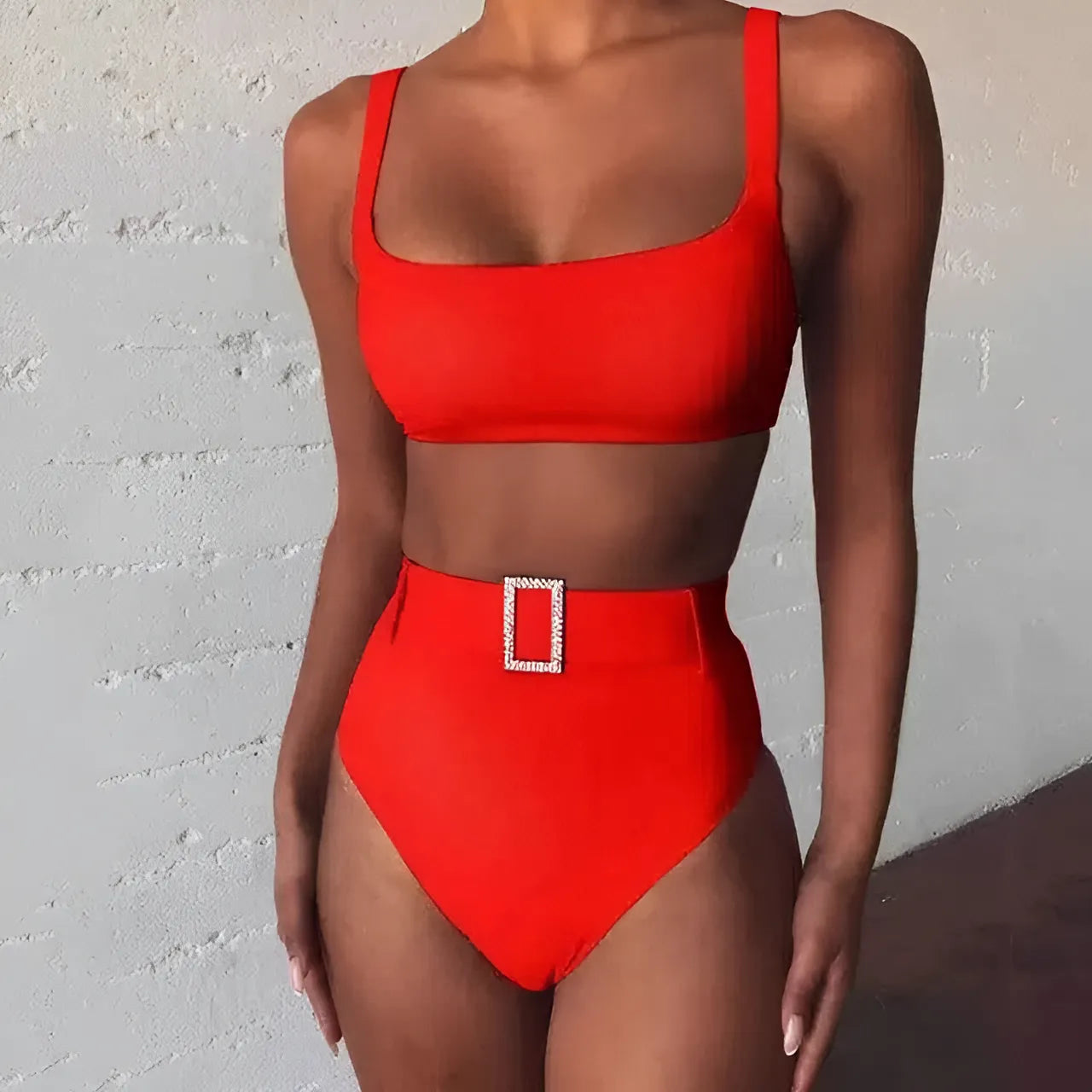 Red Two-Piece Swimsuit with Silver Buckle