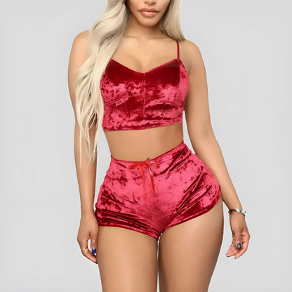 Red Velvet Pyjama Set with Top and Shorts