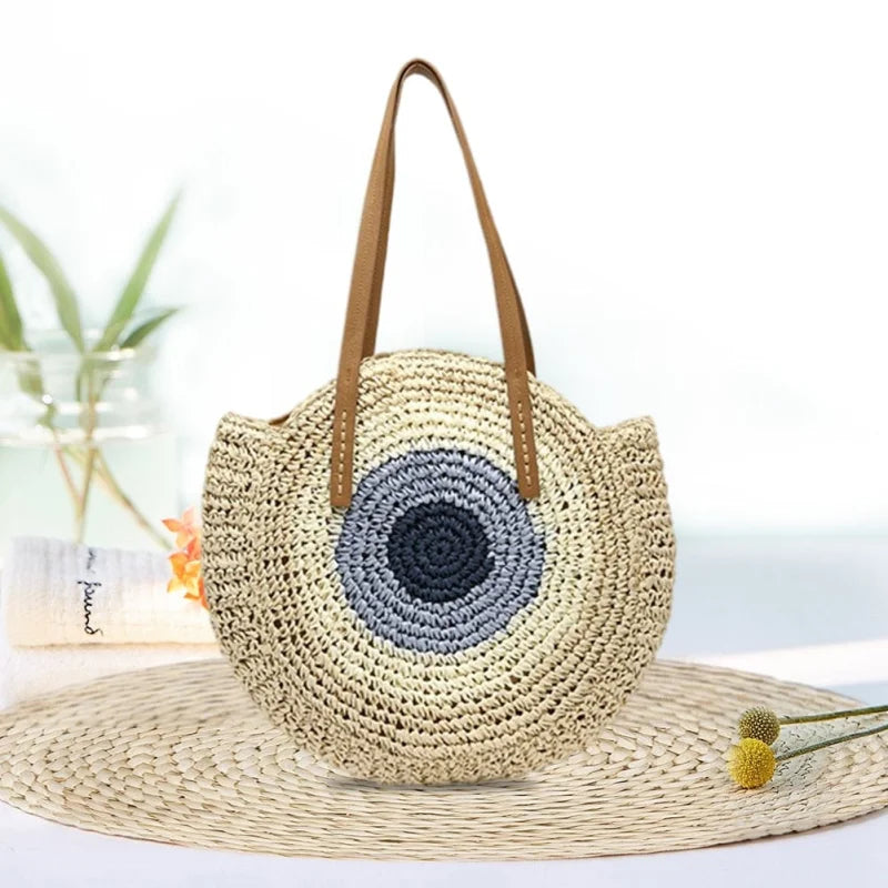 Round straw beach bag - beige