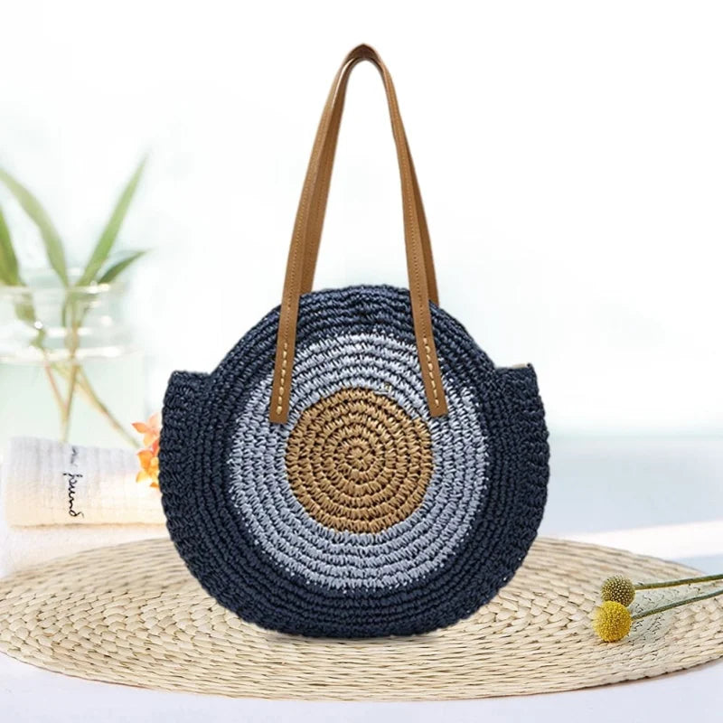 Round straw beach bag - blue