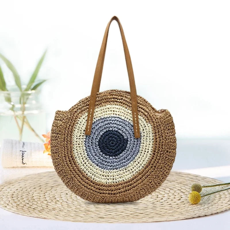 Round straw beach bag - brown