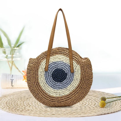 Round straw beach bag - brown