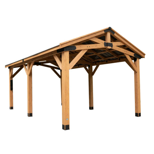 Backyard Discovery Norwood 20' x 12' Cedar Wood Pavilion Carport Heavy-Duty Gazebo Shelter with Steel Roof and PowerPort
