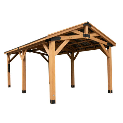 Backyard Discovery Norwood 20' x 12' Cedar Wood Pavilion Carport Heavy-Duty Gazebo Shelter with Steel Roof and PowerPort