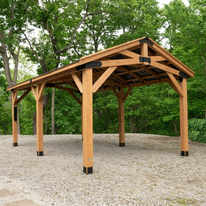 Backyard Discovery Norwood 20' x 12' Cedar Wood Pavilion Carport Heavy-Duty Gazebo Shelter with Steel Roof and PowerPort