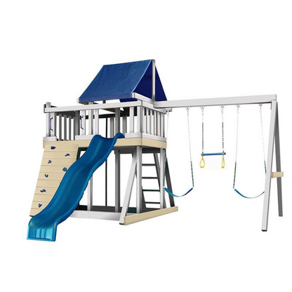 Congo Monkey Playsystem Adventurer Wooden Outdoor Swing Set with Fort Wave Slide and Rock Wall