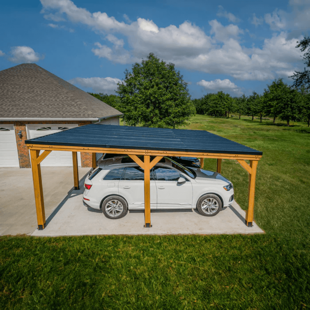 Backyard Discovery Kingsport 20' x 20' Cedar Wood Carport Heavy-Duty Outdoor Vehicle Shelter with Black Steel Roof and PowerPort
