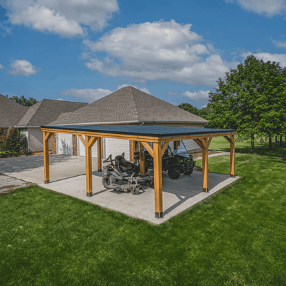 Backyard Discovery Kingsport 20' x 20' Cedar Wood Carport Heavy-Duty Outdoor Vehicle Shelter with Black Steel Roof and PowerPort