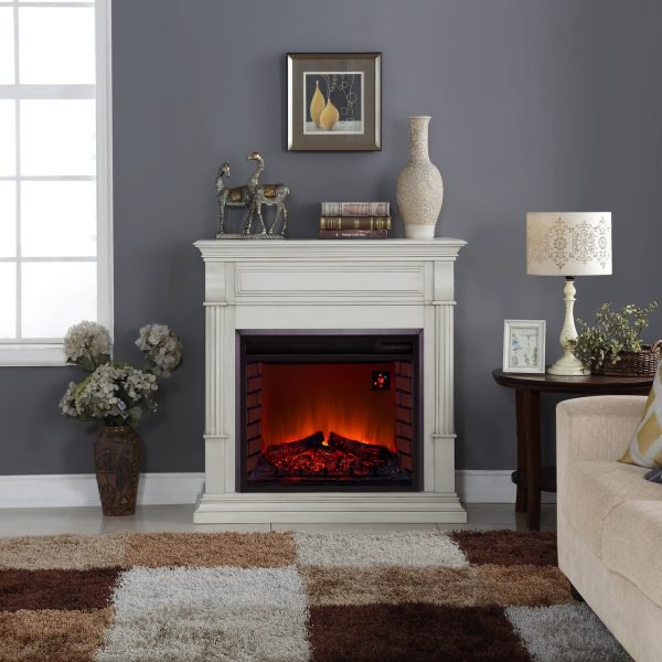 Duluth Forge Antique White Full Size Electric Fireplace with Wood Mantel