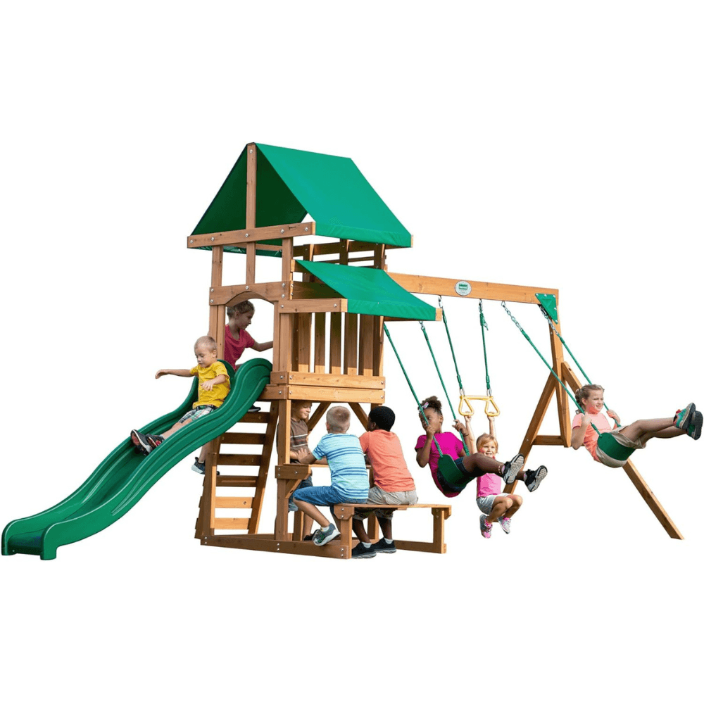 Backyard Discovery Canyon Creek Cedar Wood Outdoor Playset with Slide and Kitchen