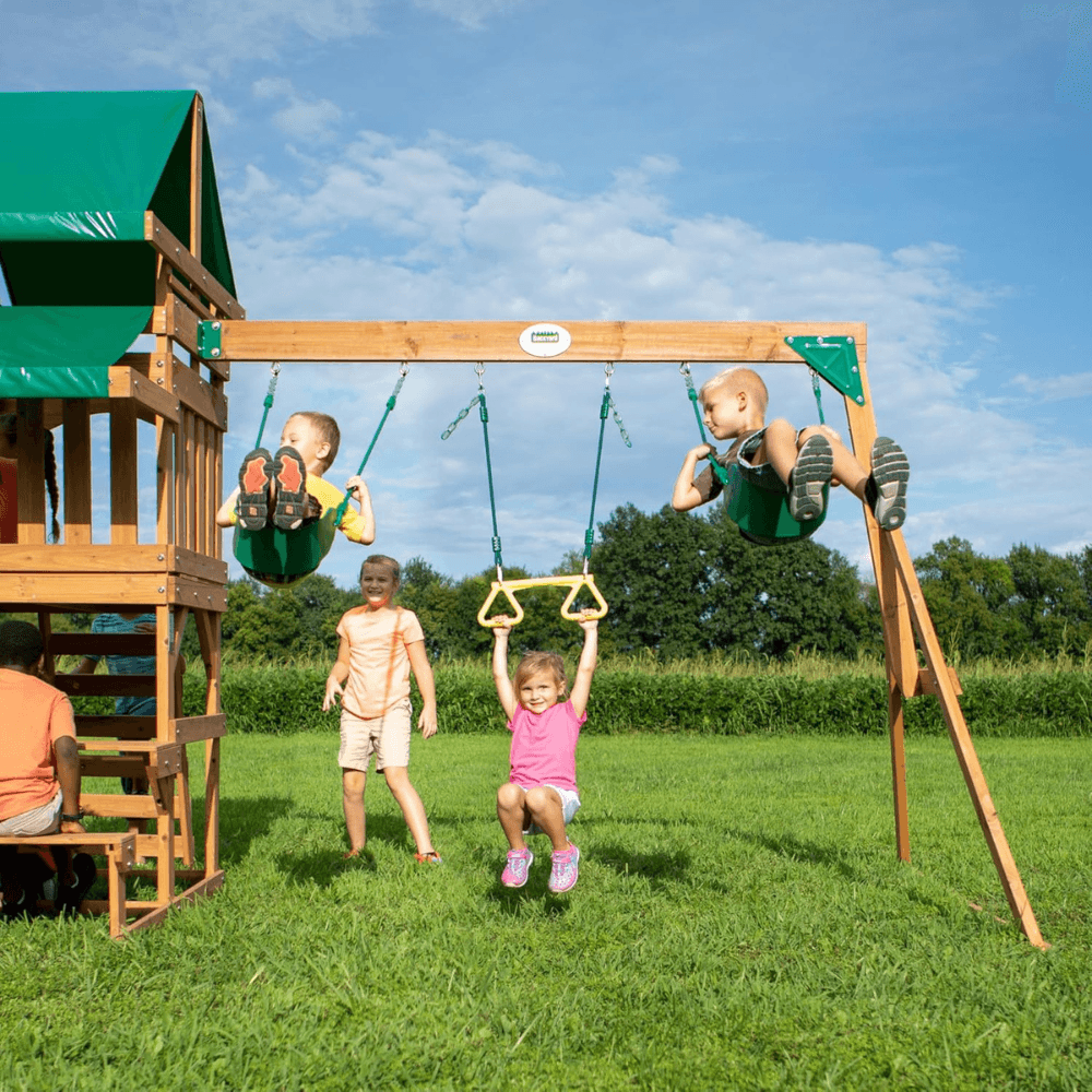 Backyard Discovery Canyon Creek Cedar Wood Outdoor Playset with Slide and Kitchen