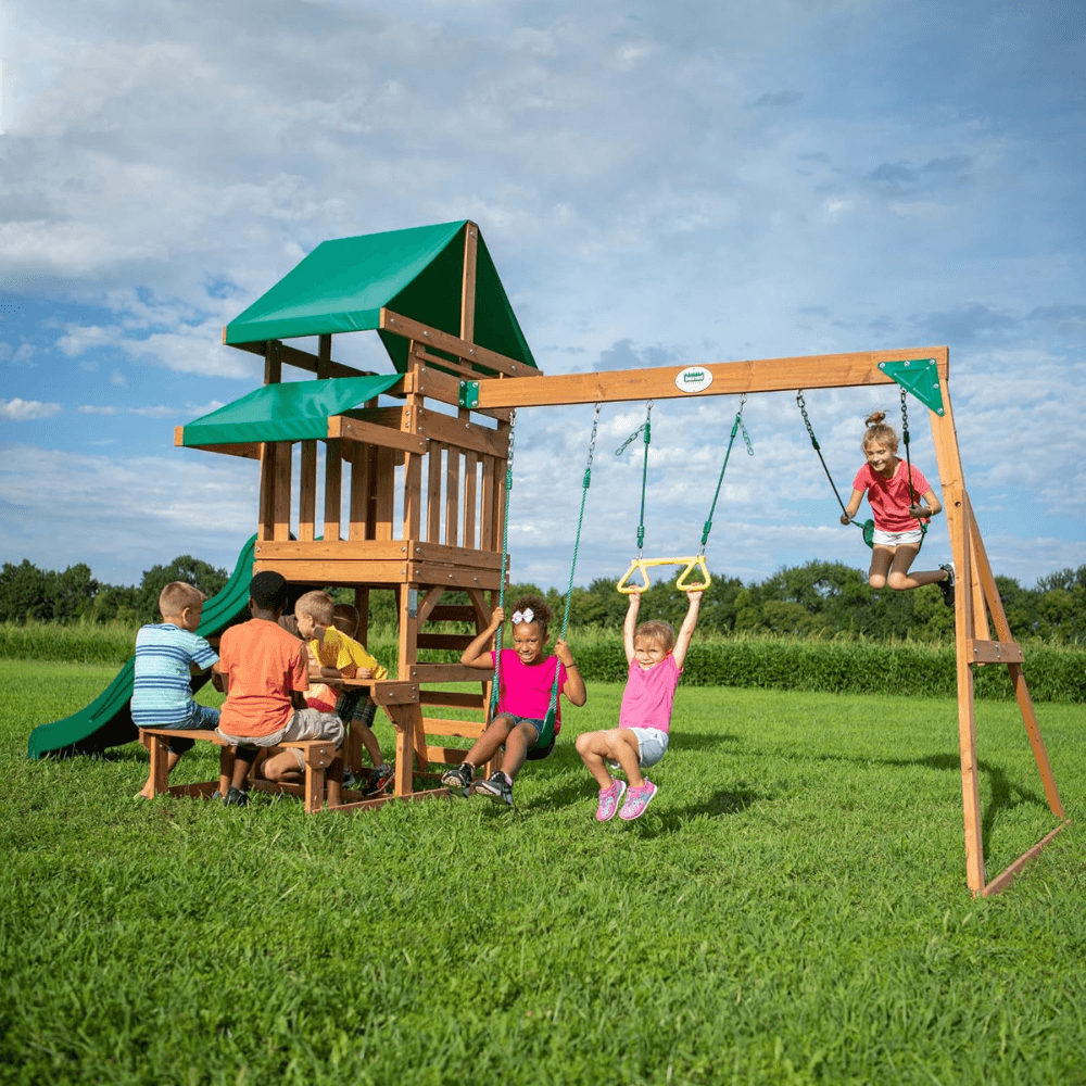 Backyard Discovery Canyon Creek Cedar Wood Outdoor Playset with Slide and Kitchen