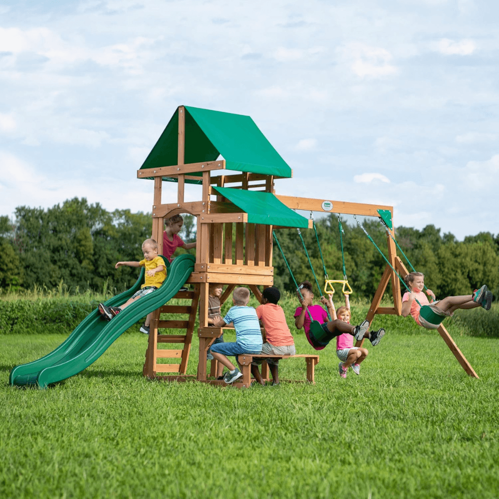 Backyard Discovery Canyon Creek Cedar Wood Outdoor Playset with Slide and Kitchen