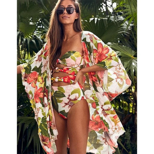 Short floral beach kimono - orange / s