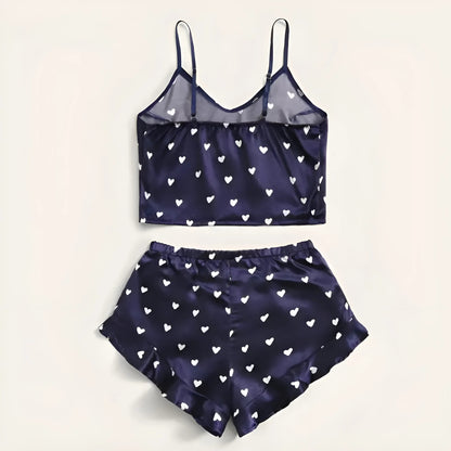  Silky Heart Print Pyjama Set