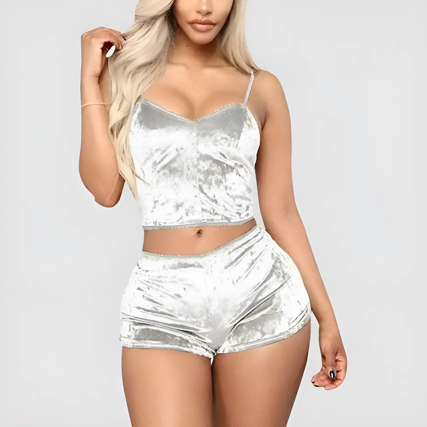 Silver Velvet Pyjama Set with Top and Shorts