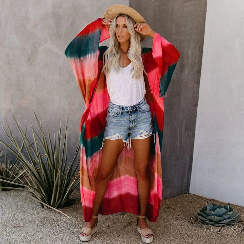 Striped beach kimono - red / s