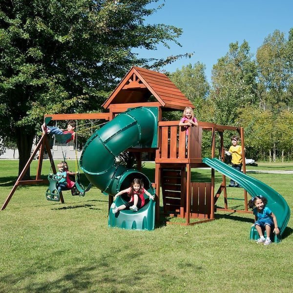 DIY Grandview Twist Deluxe Wood Outdoor Playground Set with Slides, Rock Wall, Swing Set, and Playground Equipment