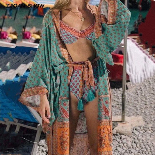 Vintage-style beach kimono - turquoise / universal