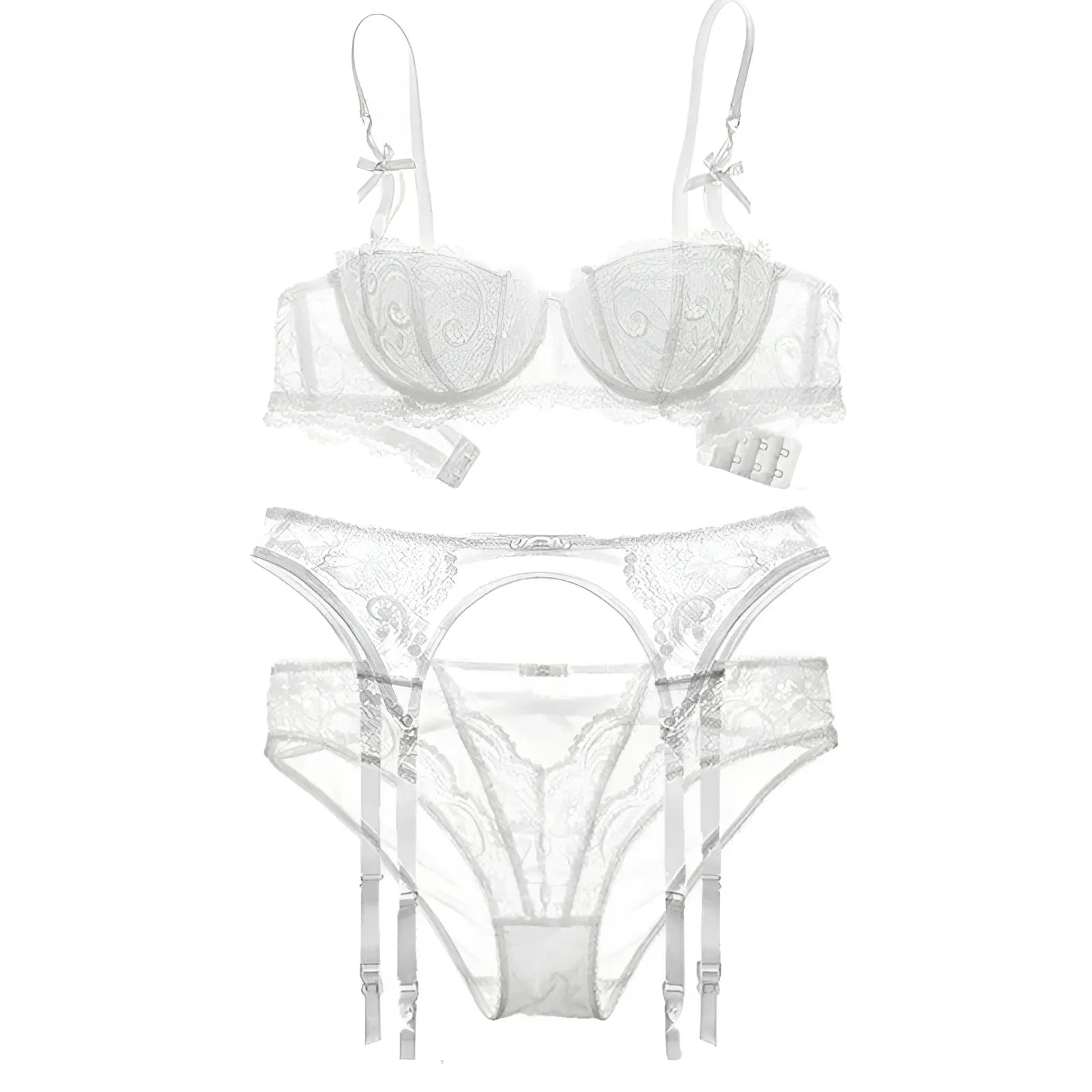 White 3-piece lace lingerie set with a suspender belt and bows