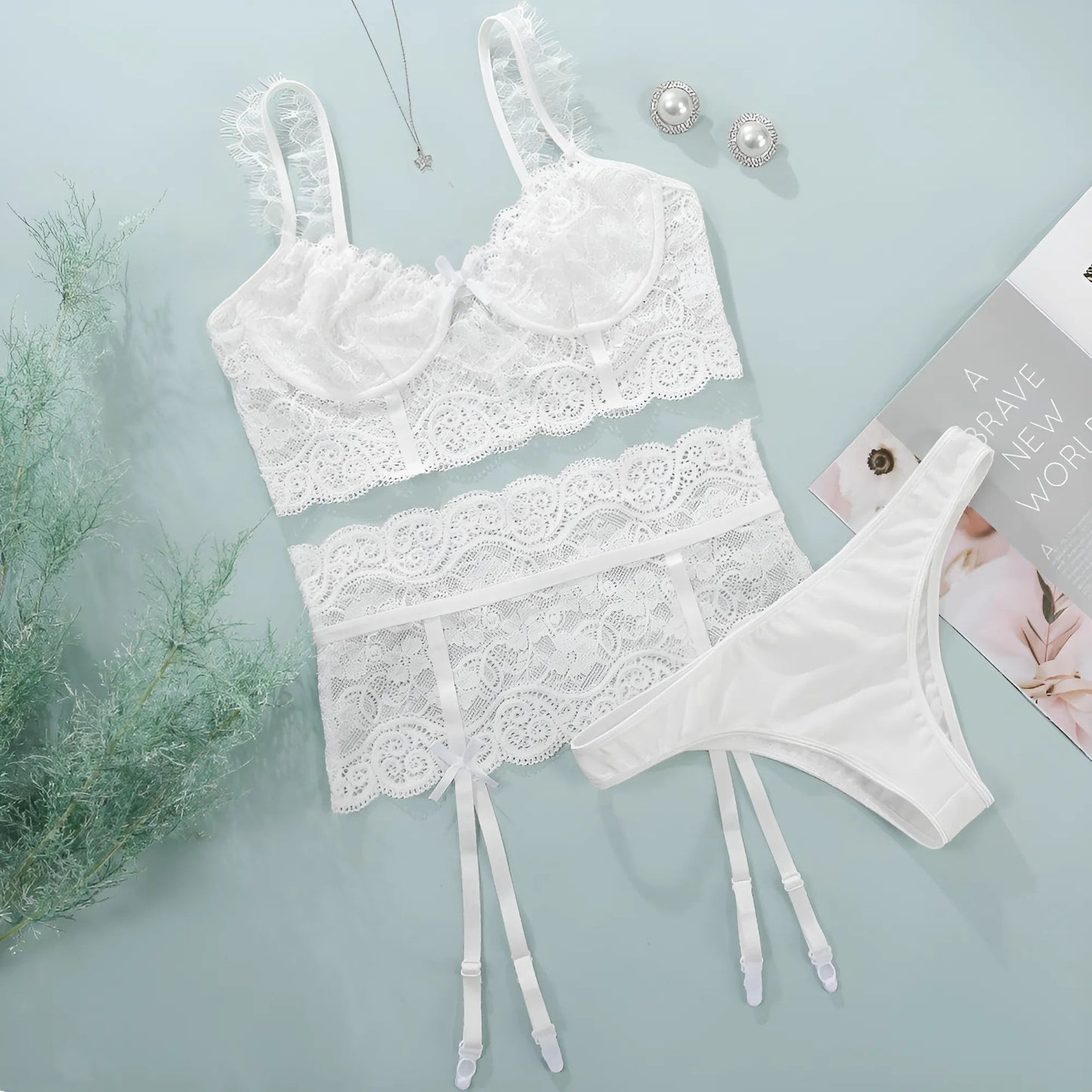 White 3-Piece Lace Lingerie Set with Wide Suspender Belt