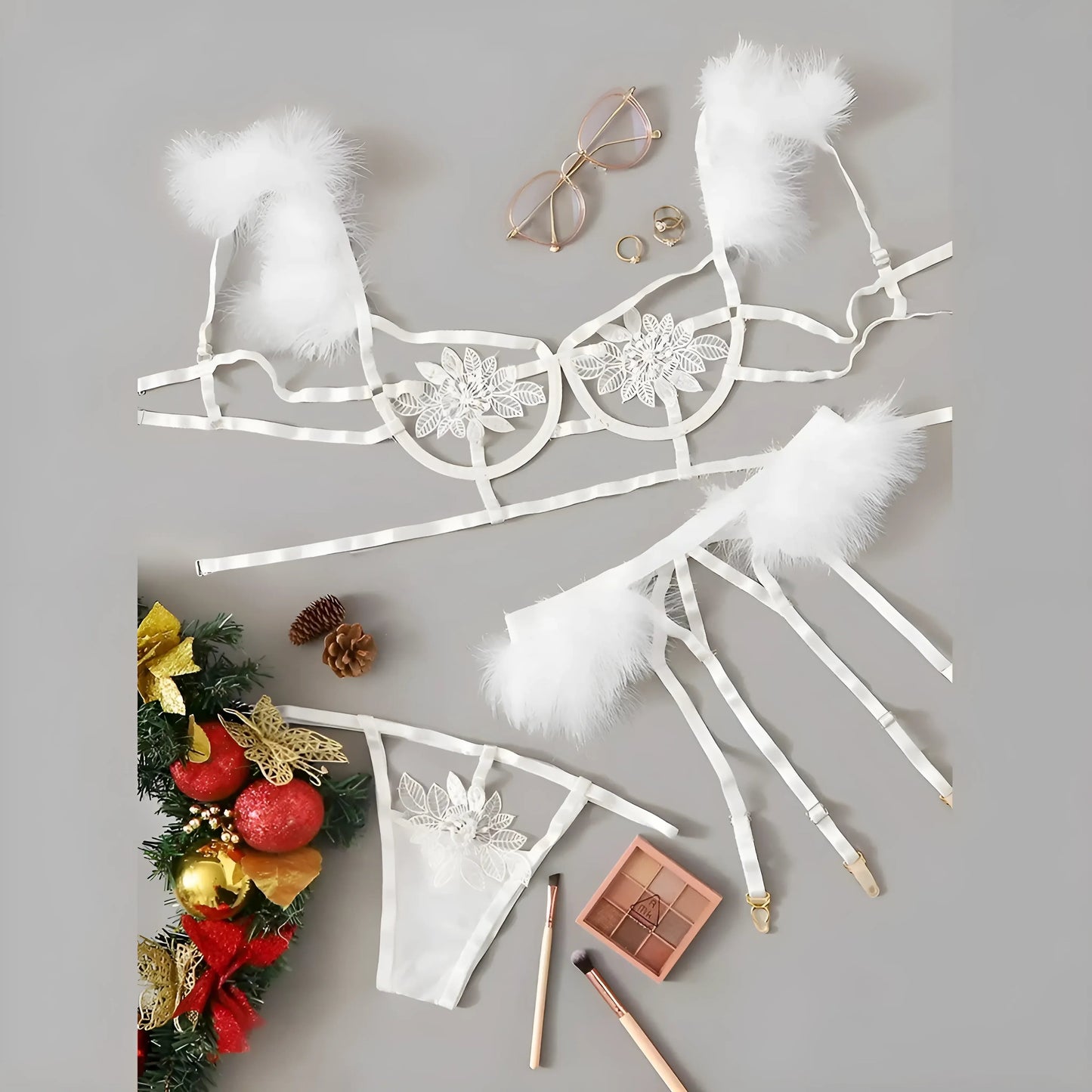 White 3-Piece Lingerie Set with Feathers