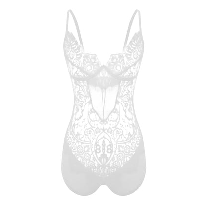 White Delicate Lace Bodysuit with Mesh Inserts