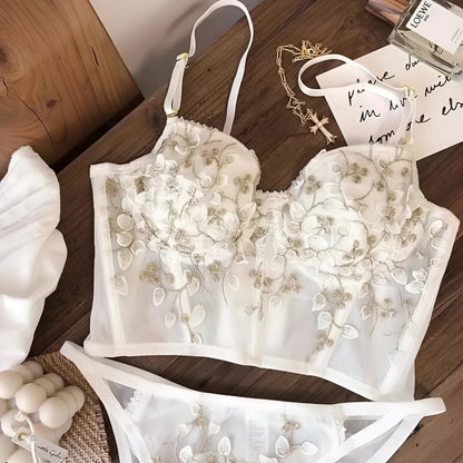 White Embroidered Floral Lingerie Set