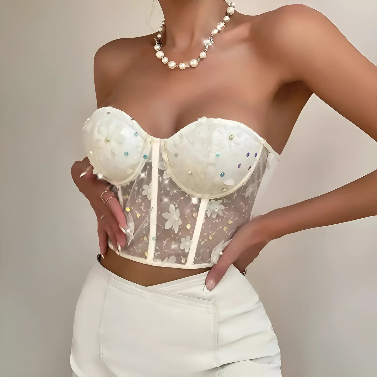 White Floral Bardot Bra