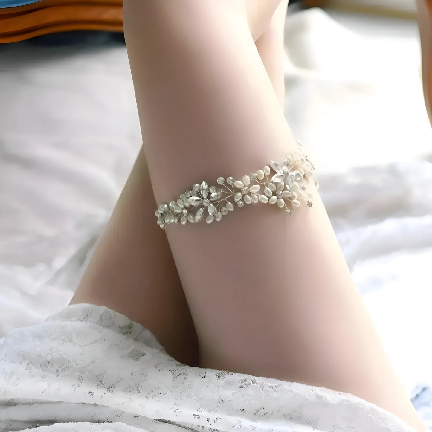 White Floral Motif Wedding Garter