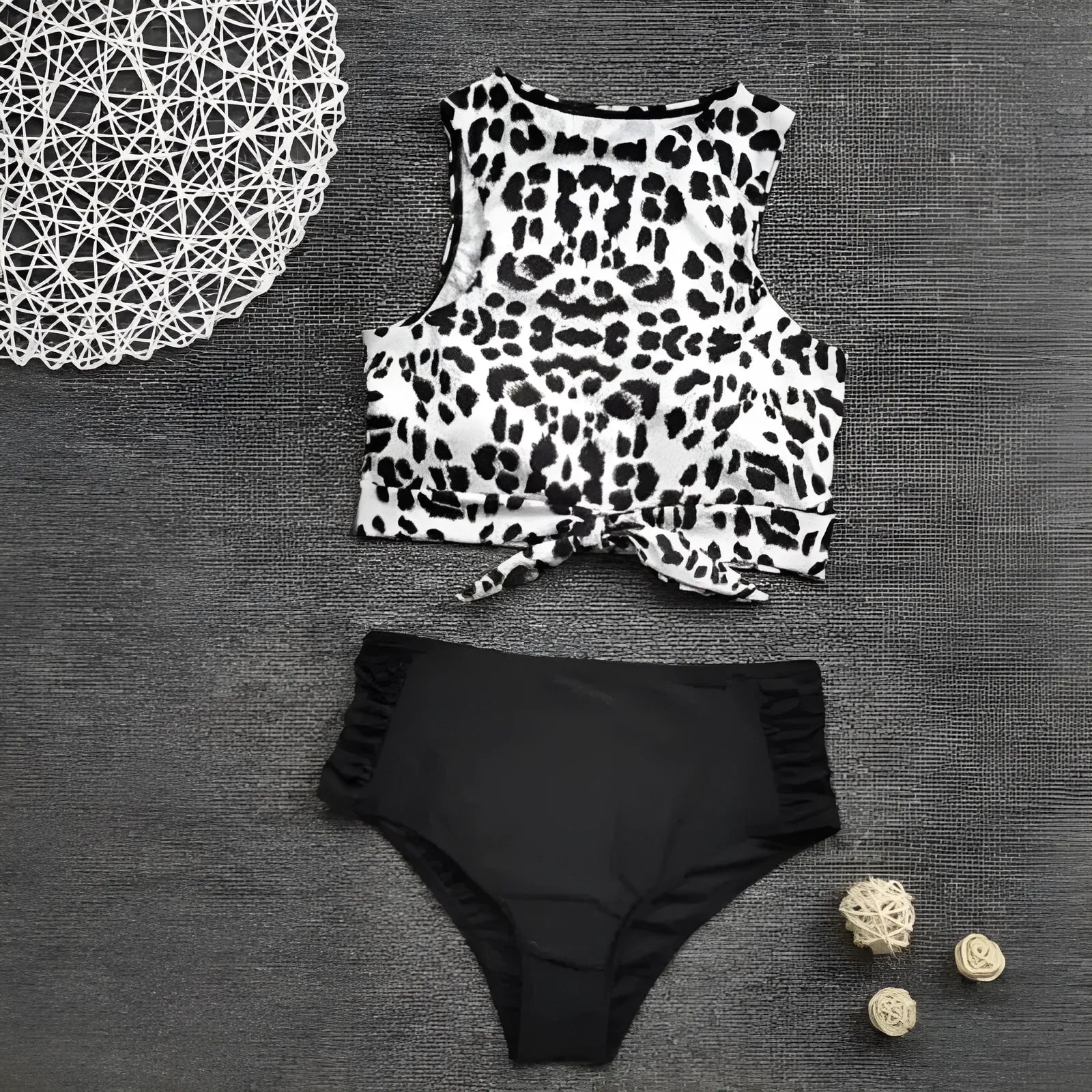 White High-Waisted Leopard Print Two-Piece Swimsuit