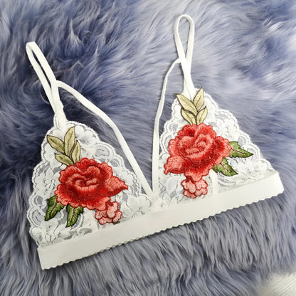 White Lace Bralette with Floral Design