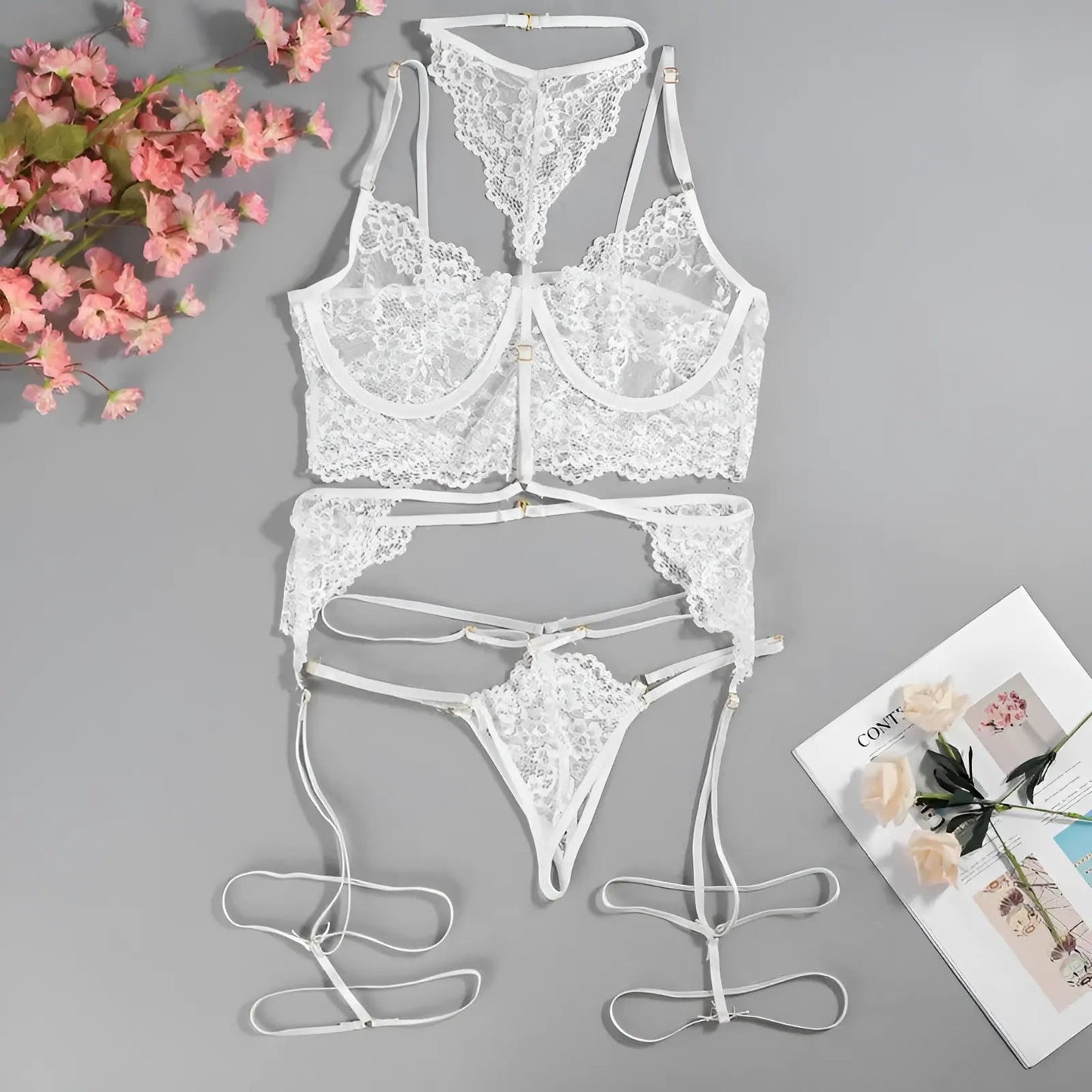 White Lace Lingerie Set with Choker and Decorative Straps