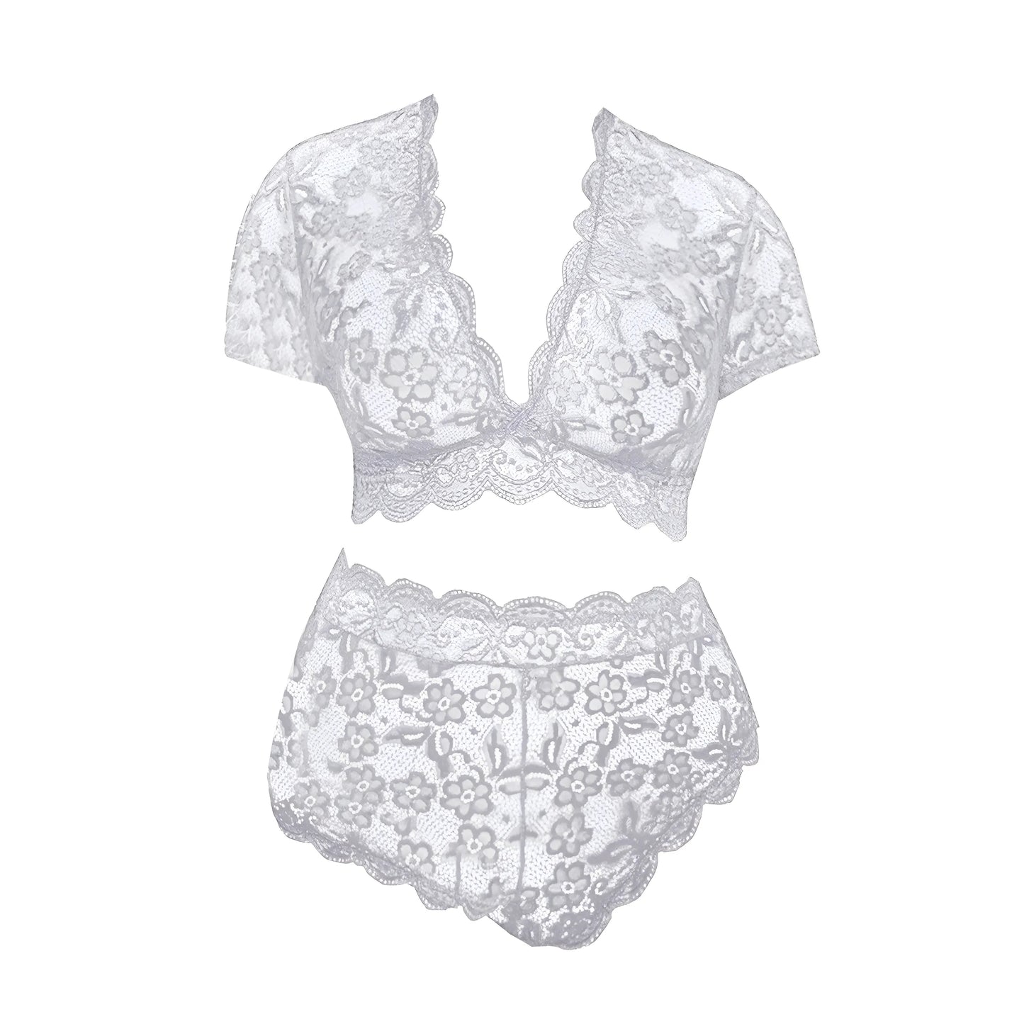 White Lace Lingerie Set with Covered Shoulders in Plus Sizes