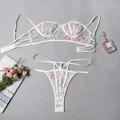 White Lace Lingerie Set with Floral Design