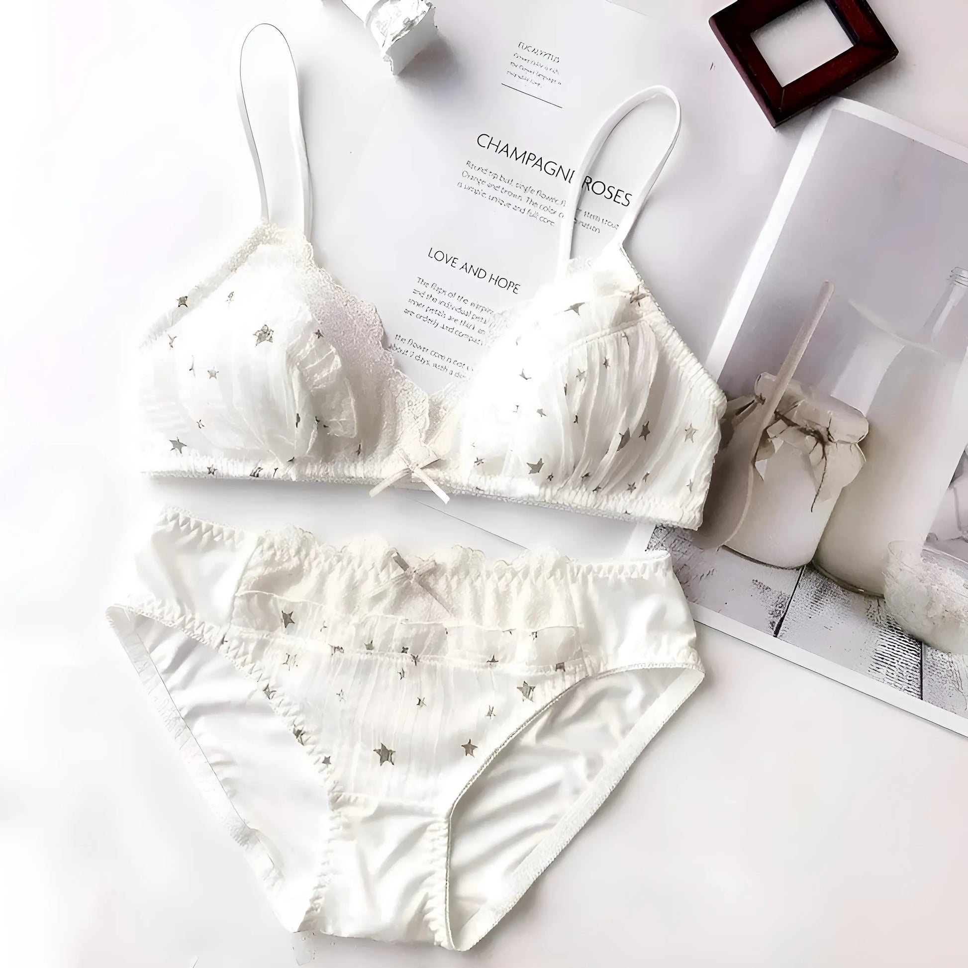 White Lace Lingerie Set with Gold Stars