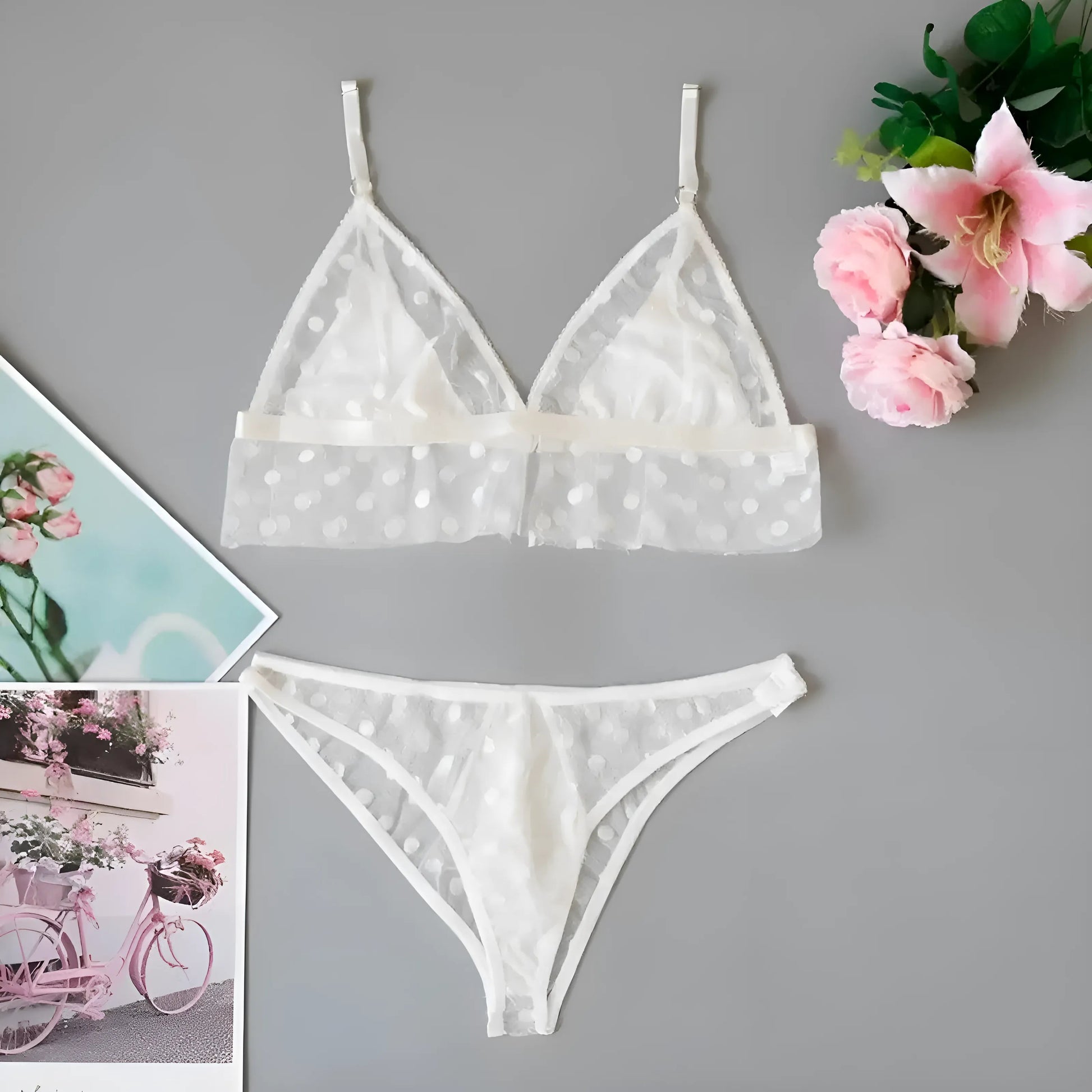 White Lace Polka Dot Lingerie Set