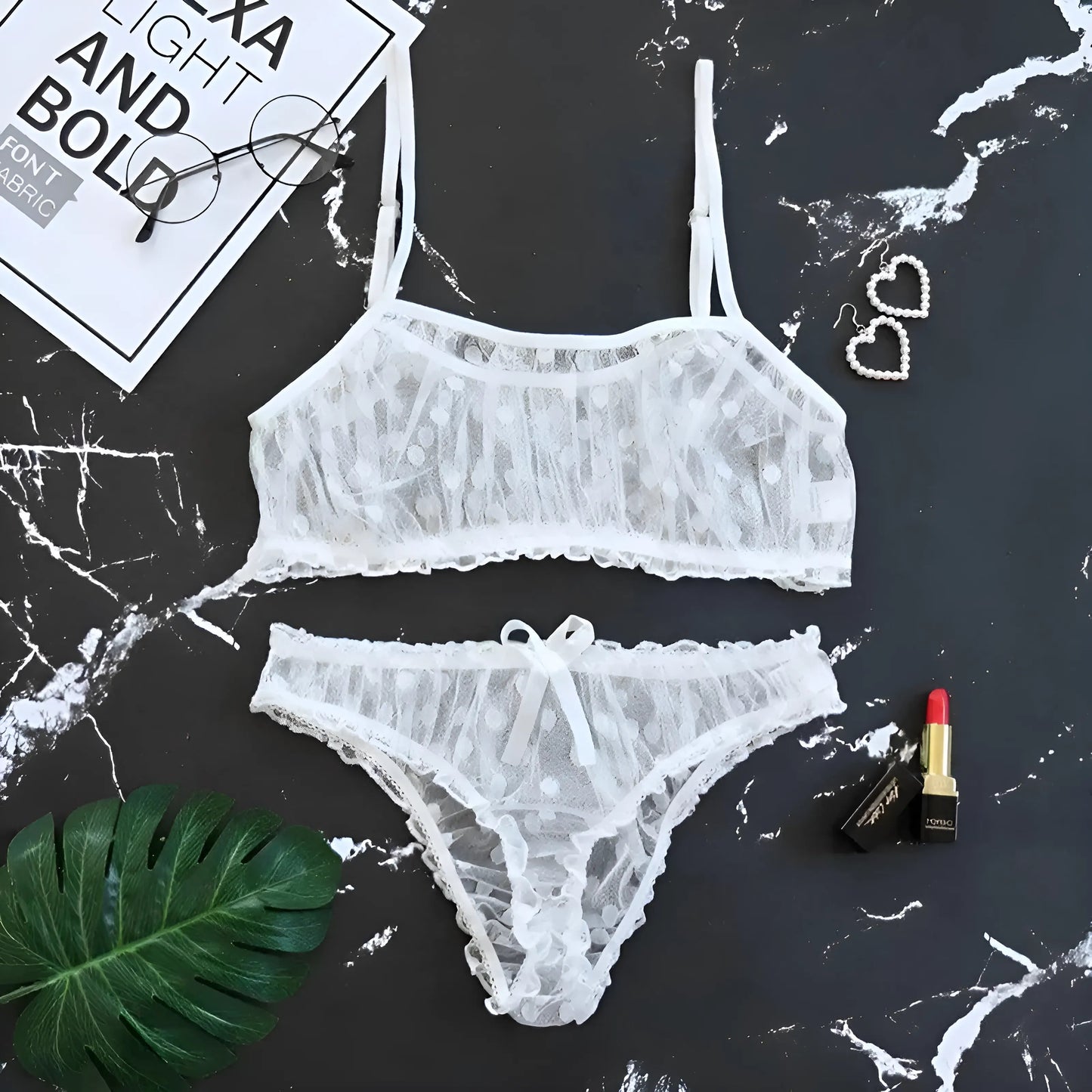 White Lace Polka Dot Lingerie Set