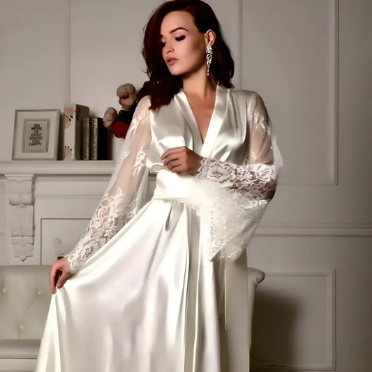 White Long Satin Robe with Lace Trim