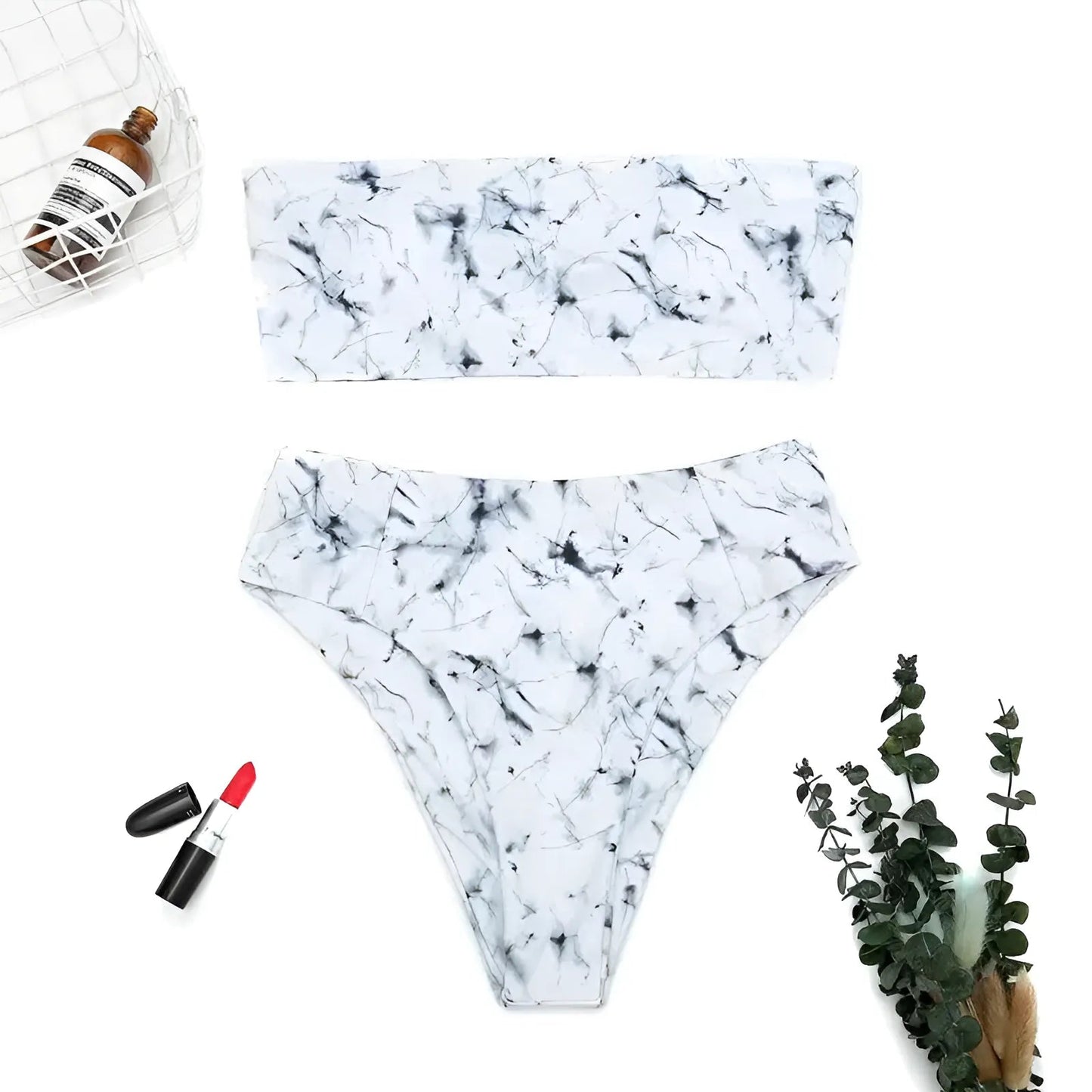 White Marble Print Two-Piece Swimsuit