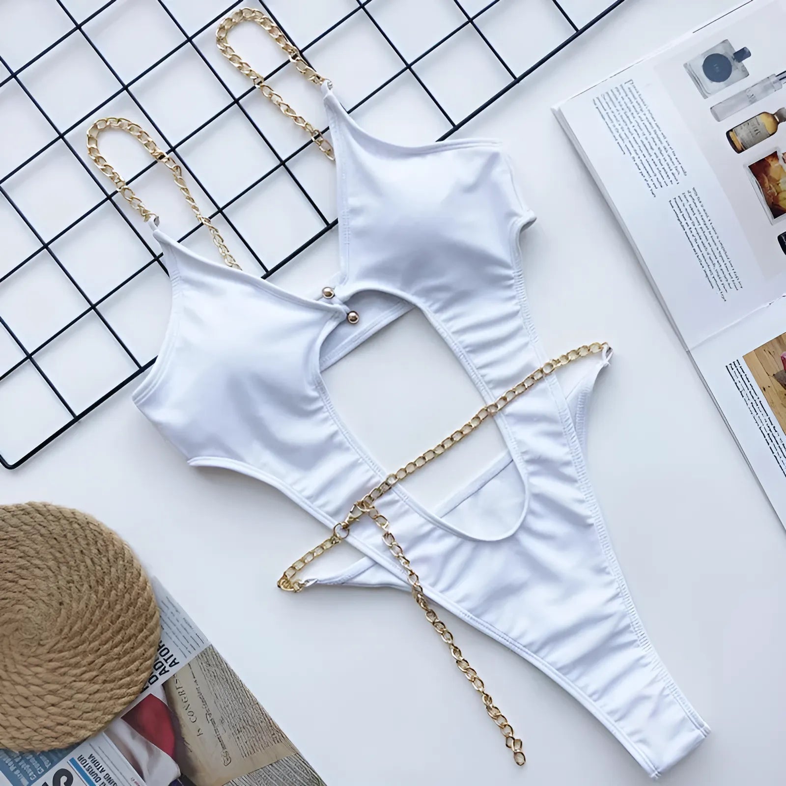 White One-Piece Swimsuit with Decorative Chain