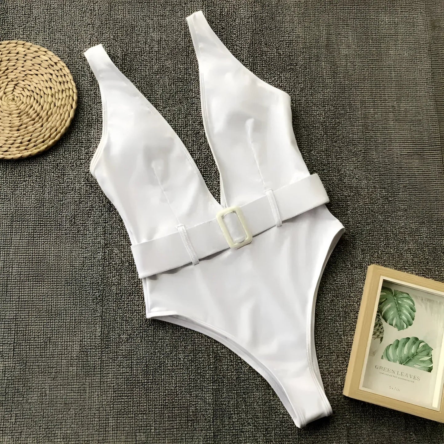 White One-Piece Swimsuit with Waist Belt