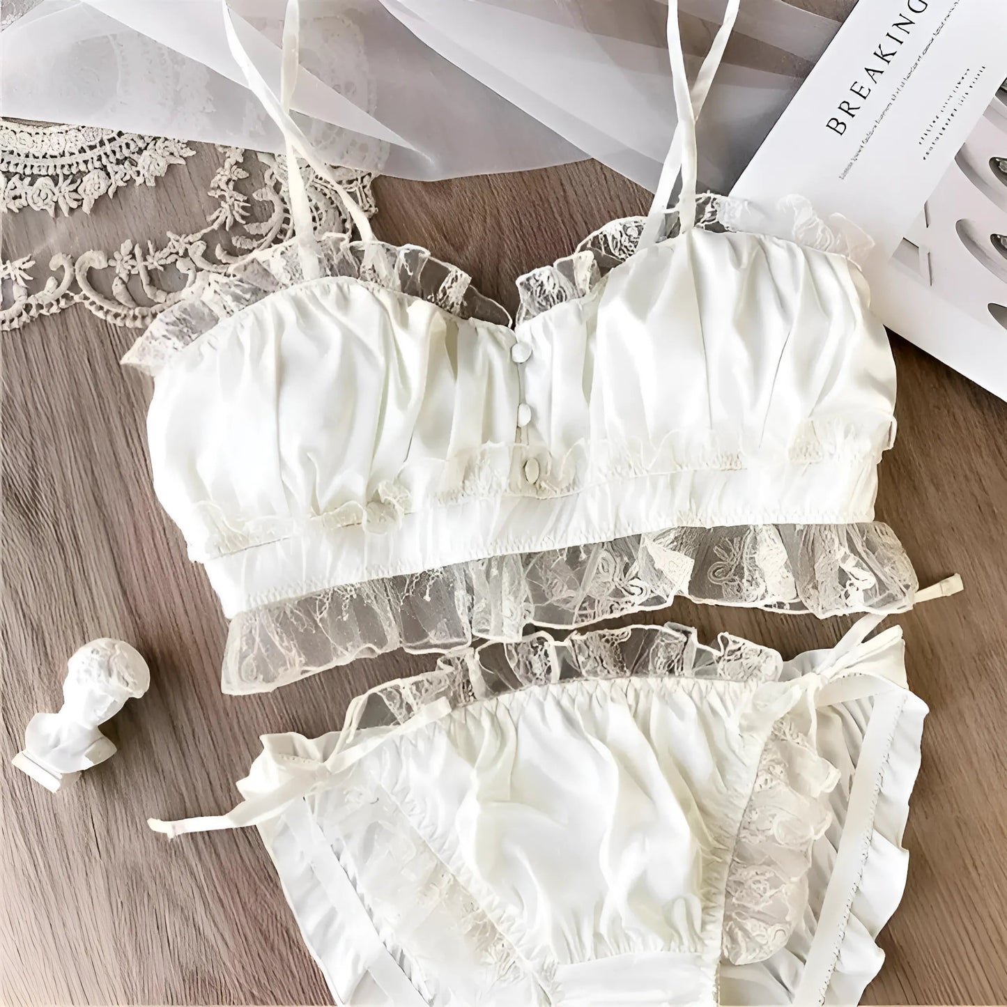 White Ruched Lace Lingerie Set