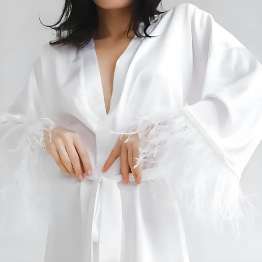 White Satin Feather Trimmed Robe