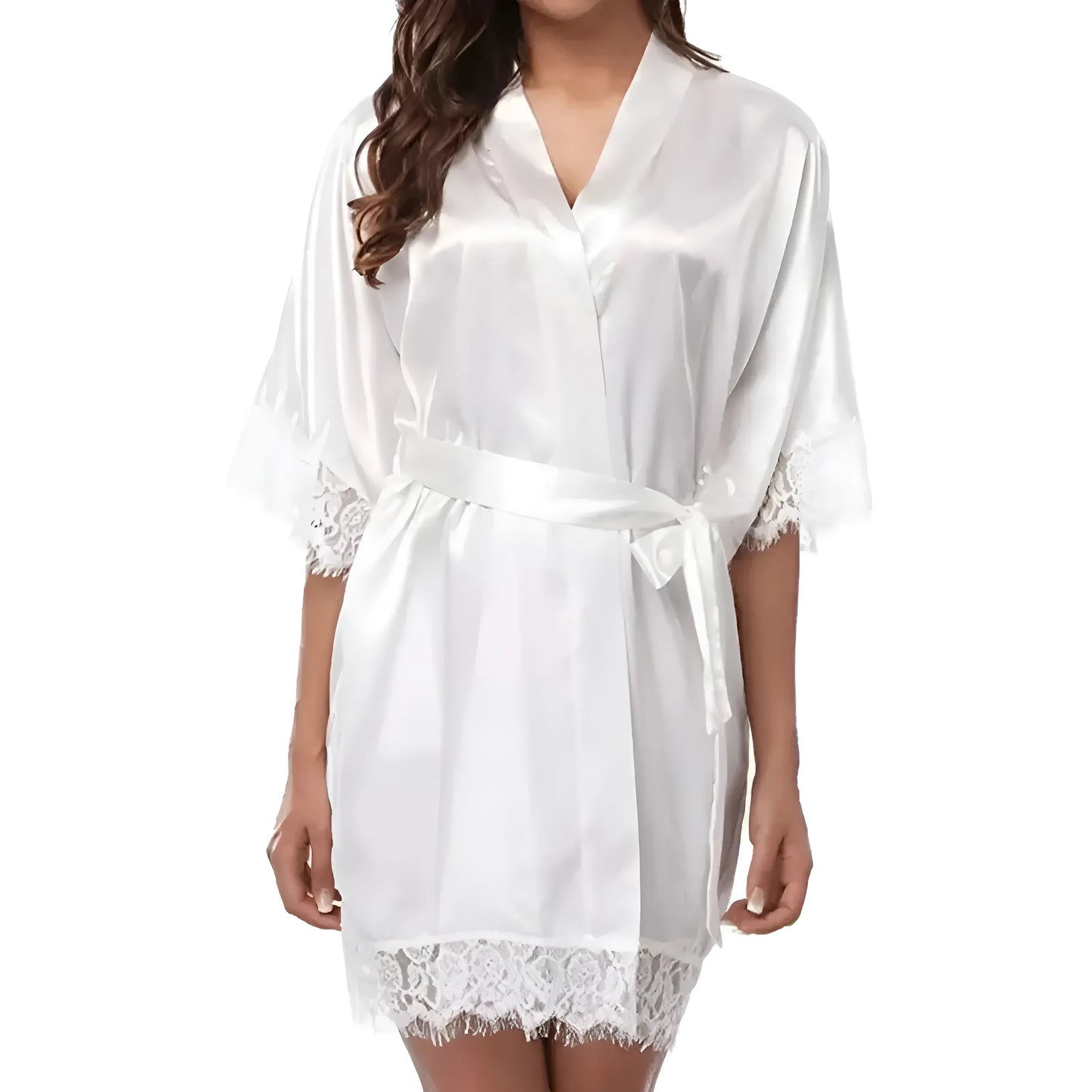 White Satin Robe with Lace Trim