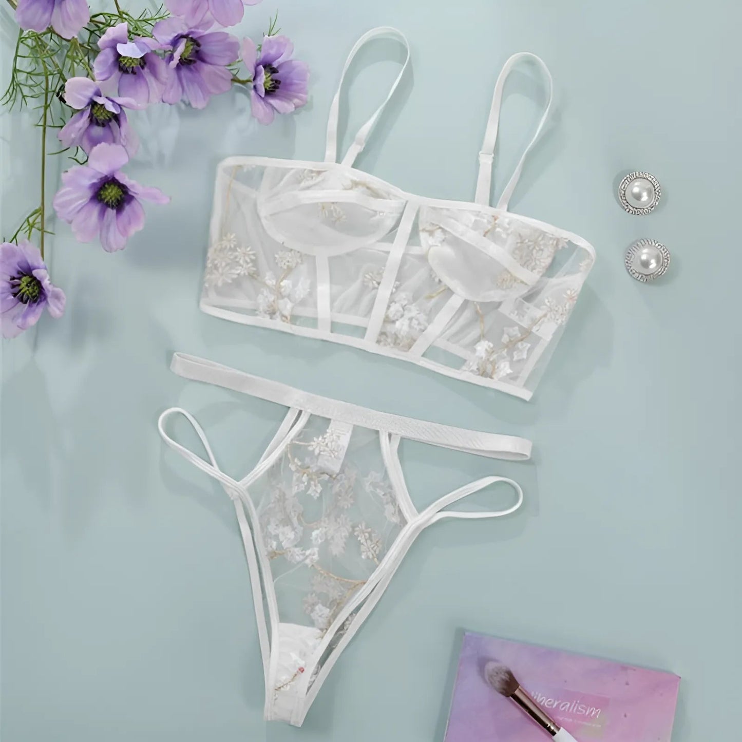 White Sensual Mesh Lingerie Set with Floral Design