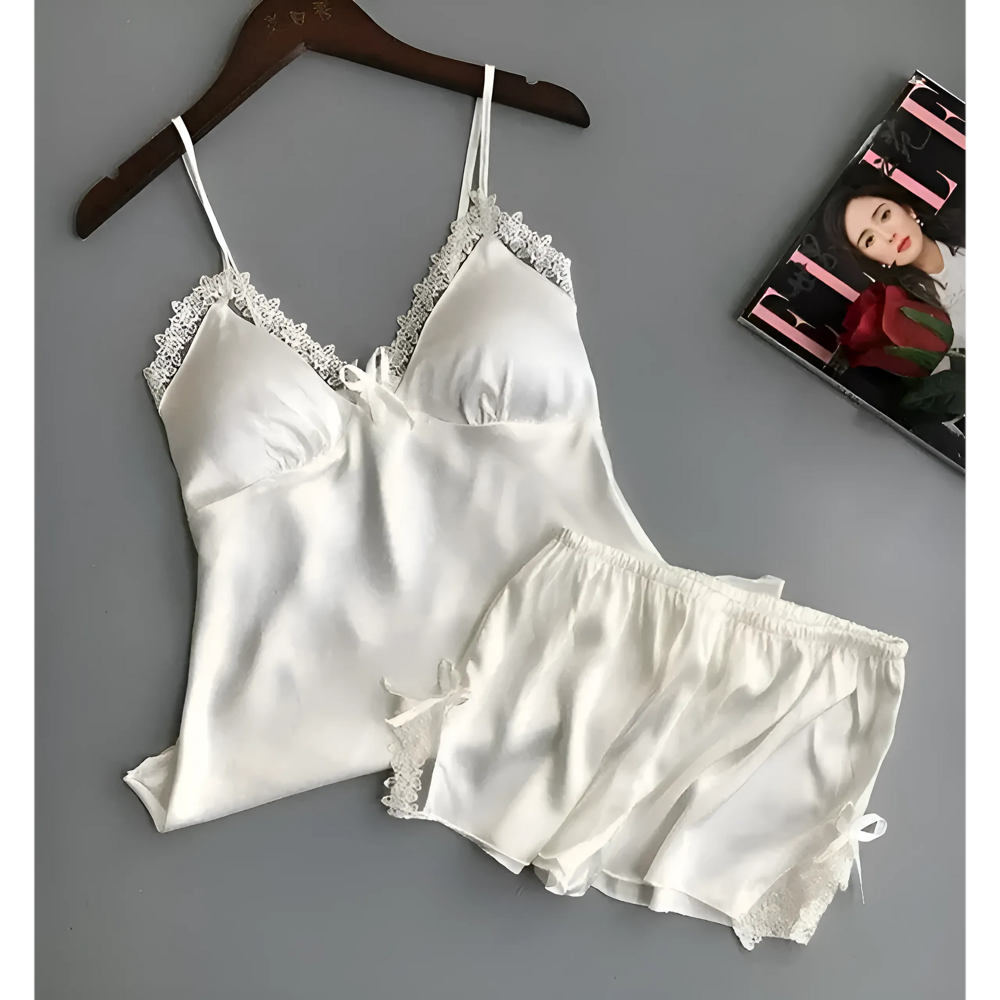 White Silk Pyjama Set with Lace Trim