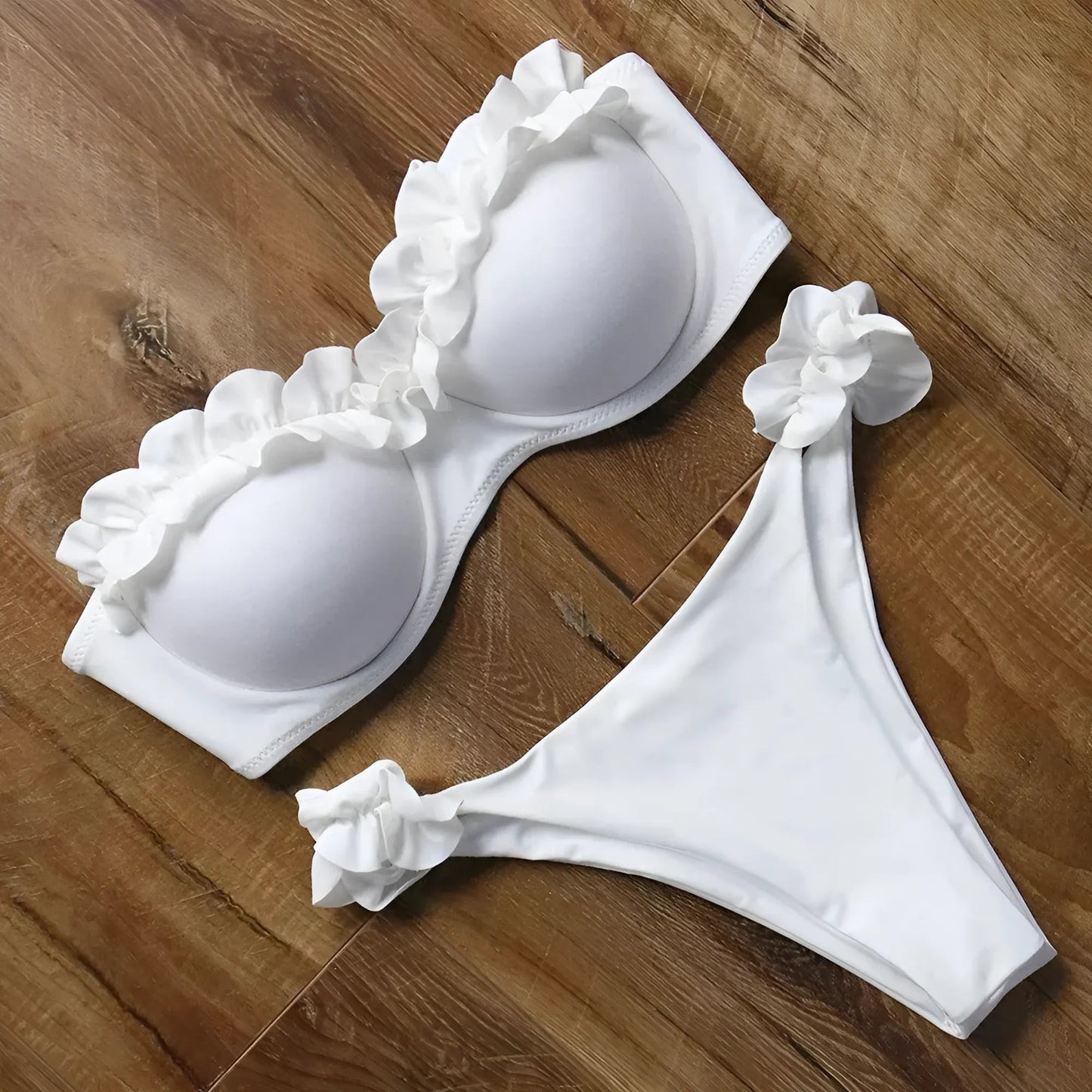 White Two-piece bikini swimsuit with decorative frills