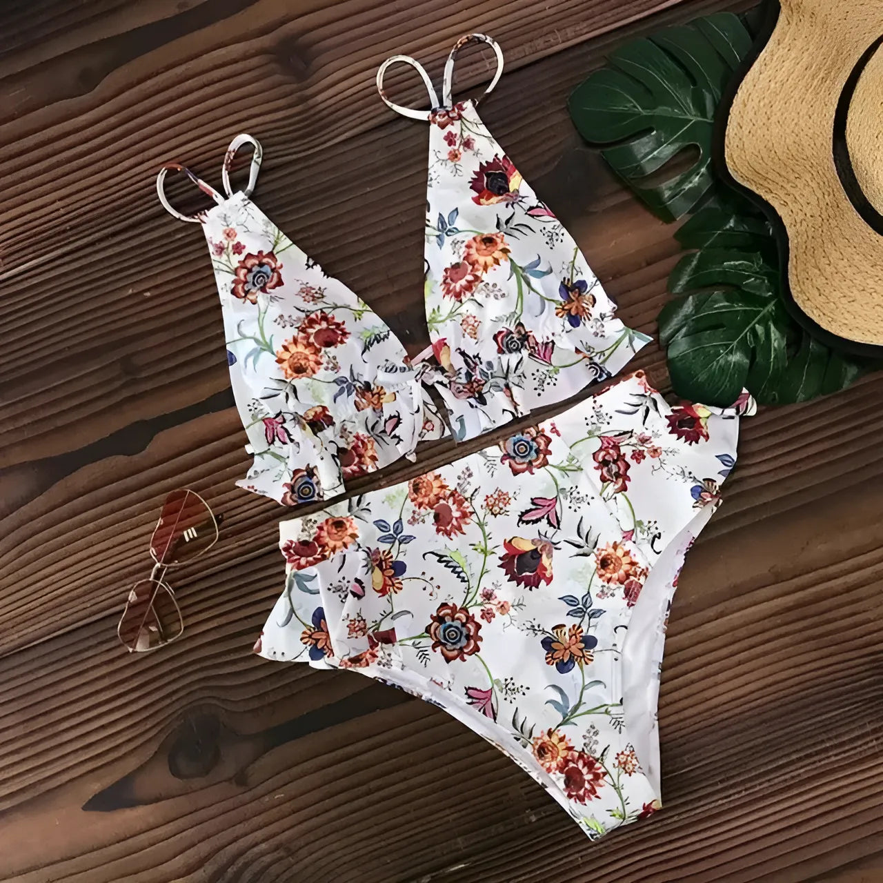 White Two-Piece Swimsuit with Delicate Ruffles